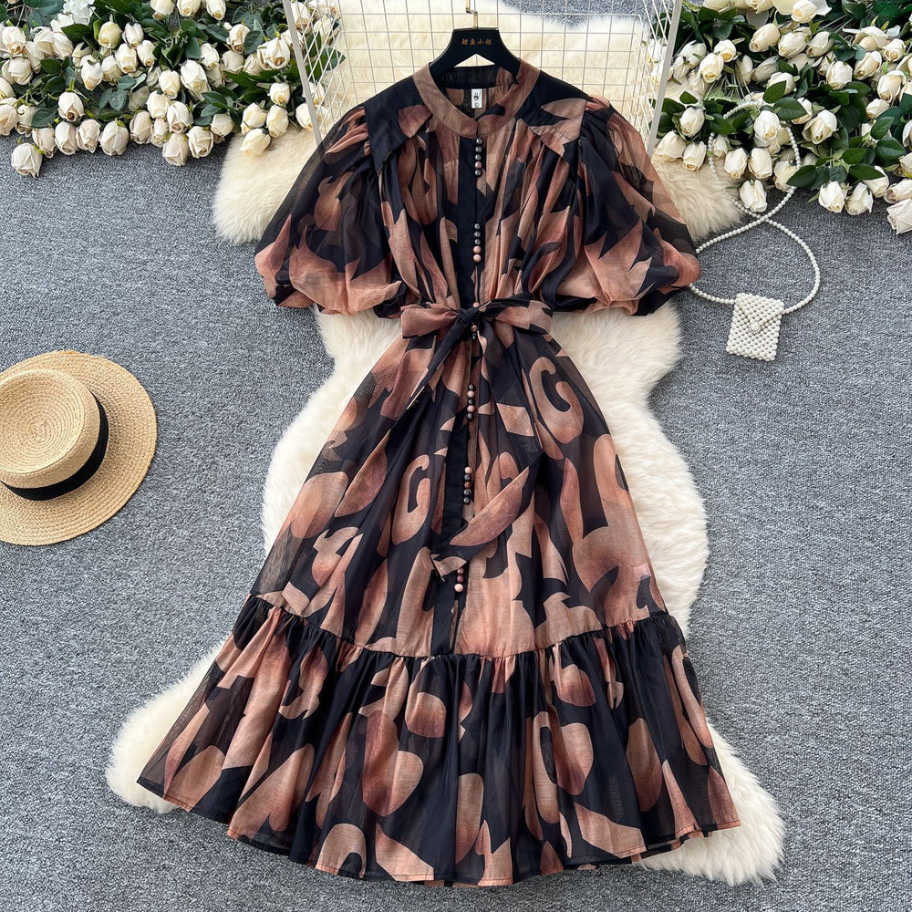 Accessible luxuryfashion styleclassy senseprinting puff sleevedressfemale summer strap waist royal sisterelegant large swing skirt