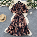 Accessible luxuryfashion styleclassy senseprinting puff sleevedressfemale summer strap waist royal sisterelegant large swing skirt