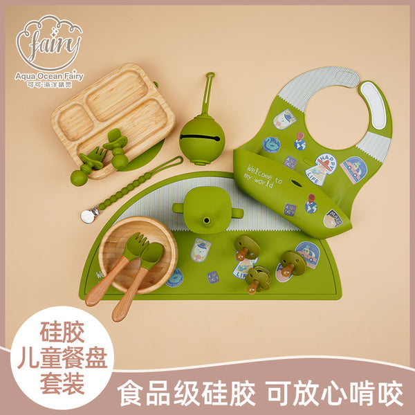 Portable baby grid tableware, children's learning to eat silicone bowl, silicone saliva pocket feeding set with suction cup