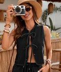 fashionsummernew arrival   washed casual sleeveless tie back vest denim suit shorts for women