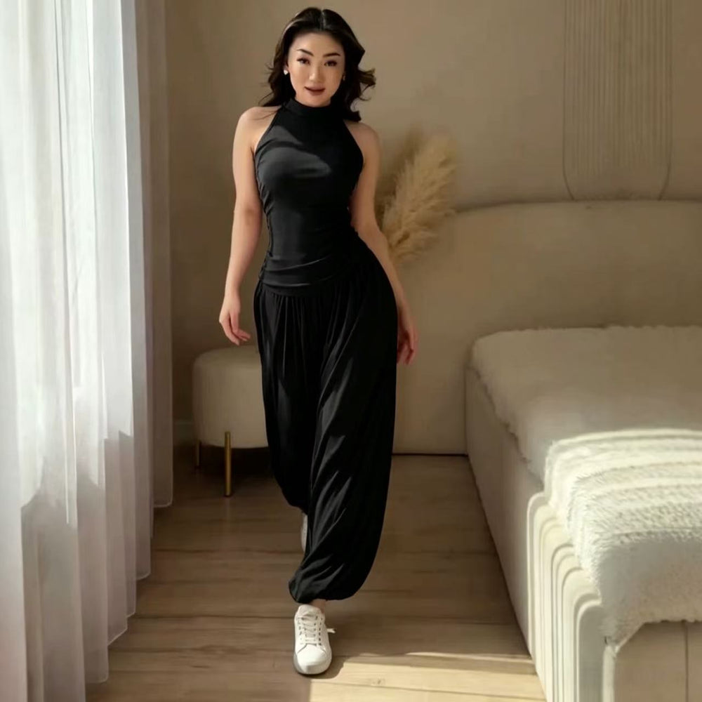 Amazon cross-border  women's autumn new arrival: stand collar sleeveless cropped top and lantern pants two-piece set