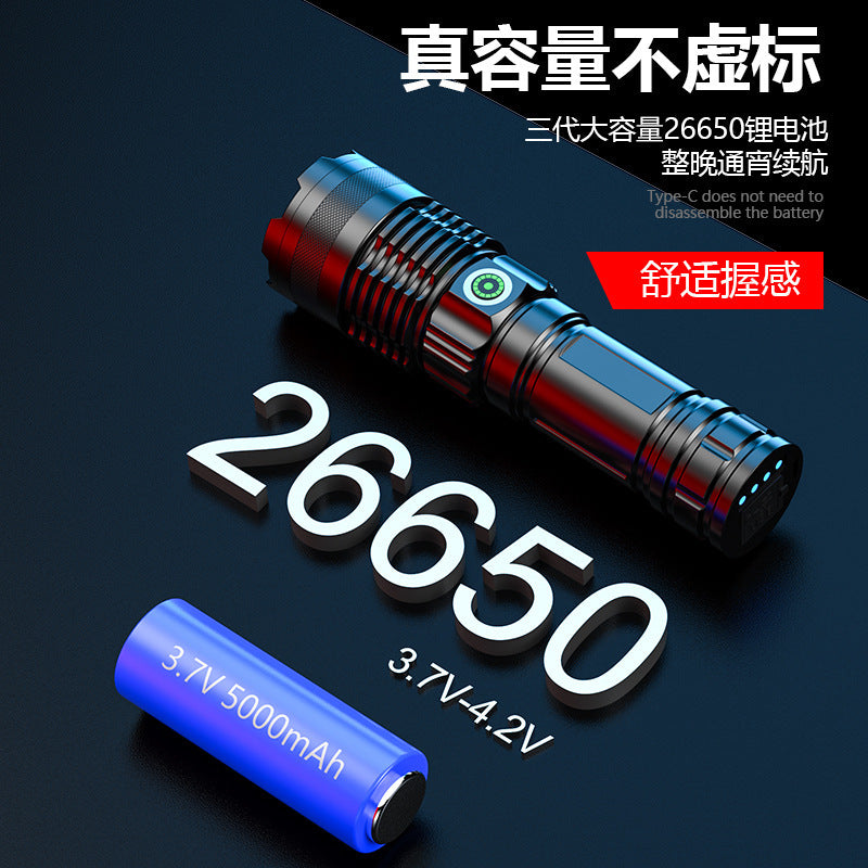 Cross-border telescopic white laser chip flashlight aluminum alloy strong light power display USB direct charging outdoor flashlight