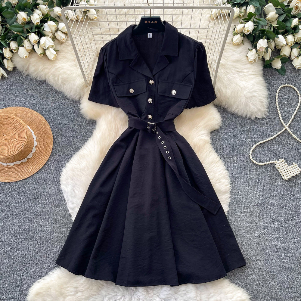 Lightly mature french style work clothingsilmdress women's summer short-sleeved lapel metal buckle waist a-line skirt elegance
