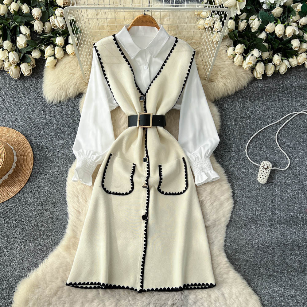 Xiaoxiangfengv neckknitting shirt vest dressfemaleautum waist slimming lookeleganttwo-piece setsuit skirt