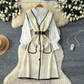 Xiaoxiangfengv neckknitting shirt vest dressfemaleautum waist slimming lookeleganttwo-piece setsuit skirt
