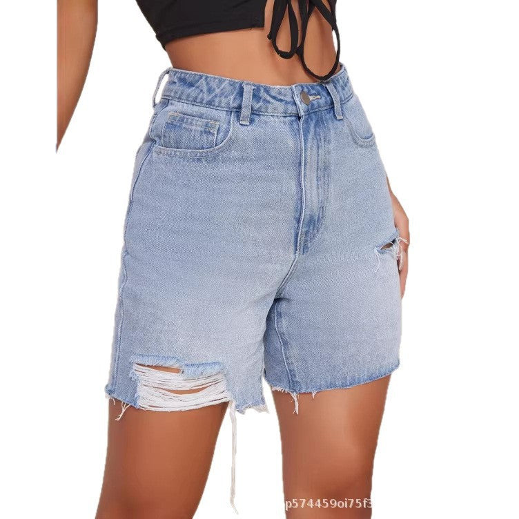 Amazon tiktok pinduoduo foreign trade cross-border fashion american retro ripped raw edge denim shorts women's summer