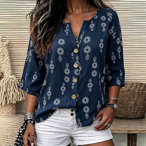 European and american cross-border exclusive: vintage print plus size top - v-neck, loose fit, drop shoulder, three-quarter sleeve women's blouse