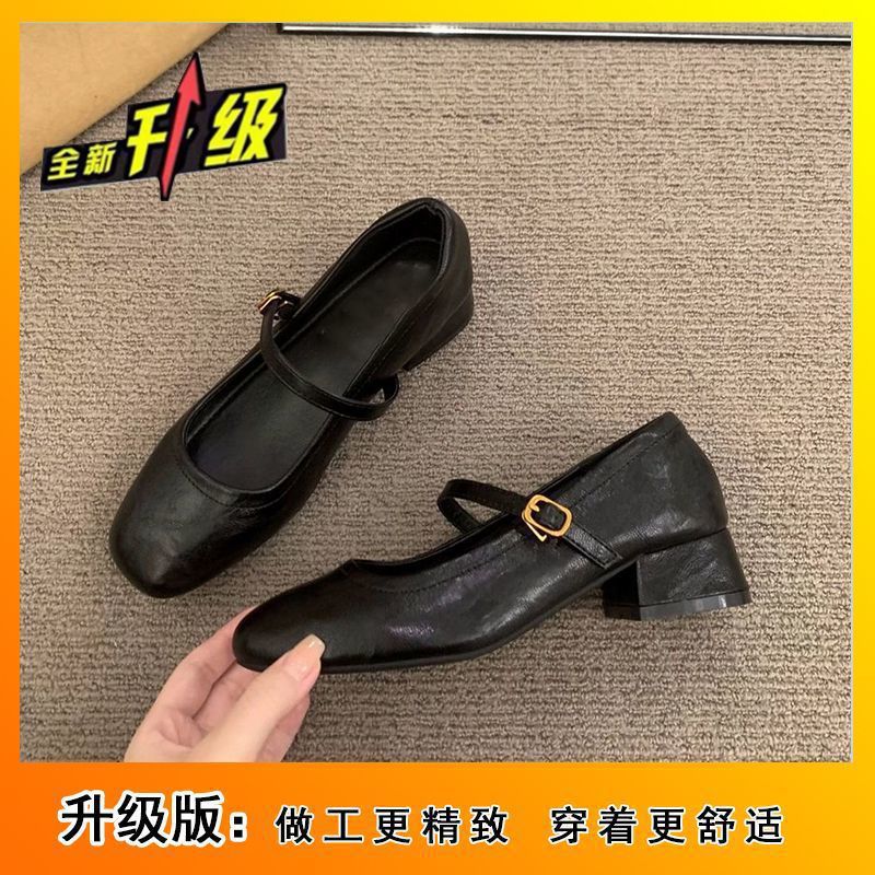 Elegant fairy chunky heel mary jane leather shoes, french retro square toe low-cut flats, 2025 autumn collection, mid-heel evening style