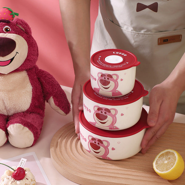 Strawberry bear fresh-keeping bowl, office worker bento box, sealed bowl, ceramic bowl, thermal insulation instant noodle bowl, high-value couple's rice bowl