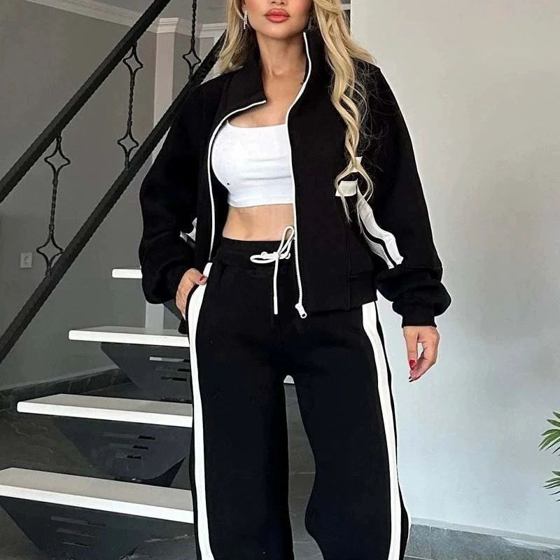 european and american cross-border   fashion color block new two-piece set spring/autumn women's casual activewear set