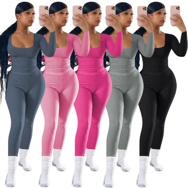 YM009-D1 European and American women's clothing,  new models, fashionable and casual, threaded solid color two-piece set,  women's clothing
