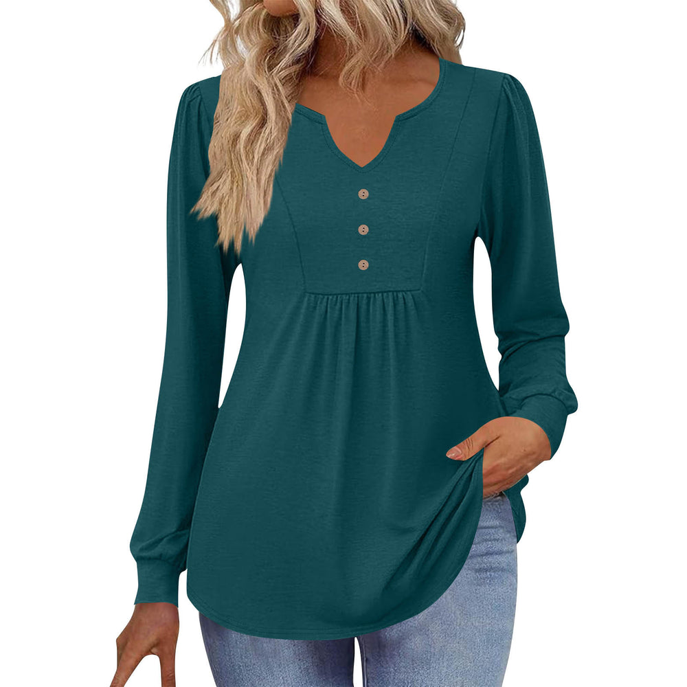 cross-border  women's casual solid color v-neck loose button-down long sleeve t-shirt top