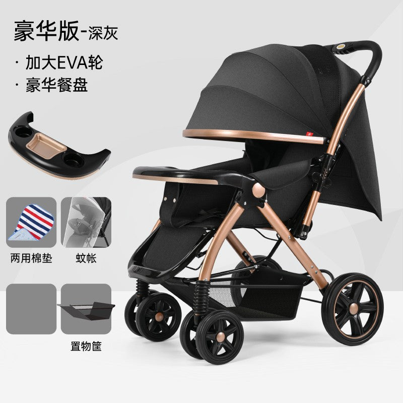 High-view stroller, convertible reclining, foldable four-wheel shock absorbing pram, two-way baby stroller for infants and toddlers