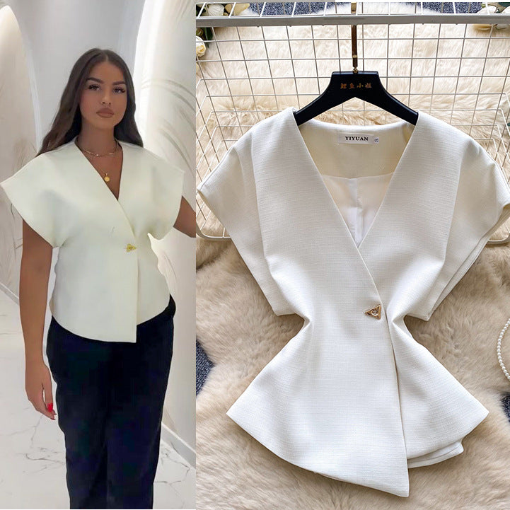 Korean style v-neck short sleeve shirt for women -  spring collection - unique, asymmetrical design - commuter chic cardigan top