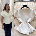 Korean style v-neck short sleeve shirt for women -  spring collection - unique, asymmetrical design - commuter chic cardigan top