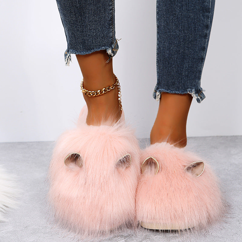 cute fur slippers for women 2024fall and winternew arrivalplus sizefleece-lined cotton slippers heattech toe-cap half slippers
