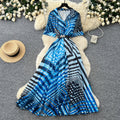 Korean style v-neck geometric print dress - women's spring  short sleeve, slim fit, a-line maxi dress - commute chic