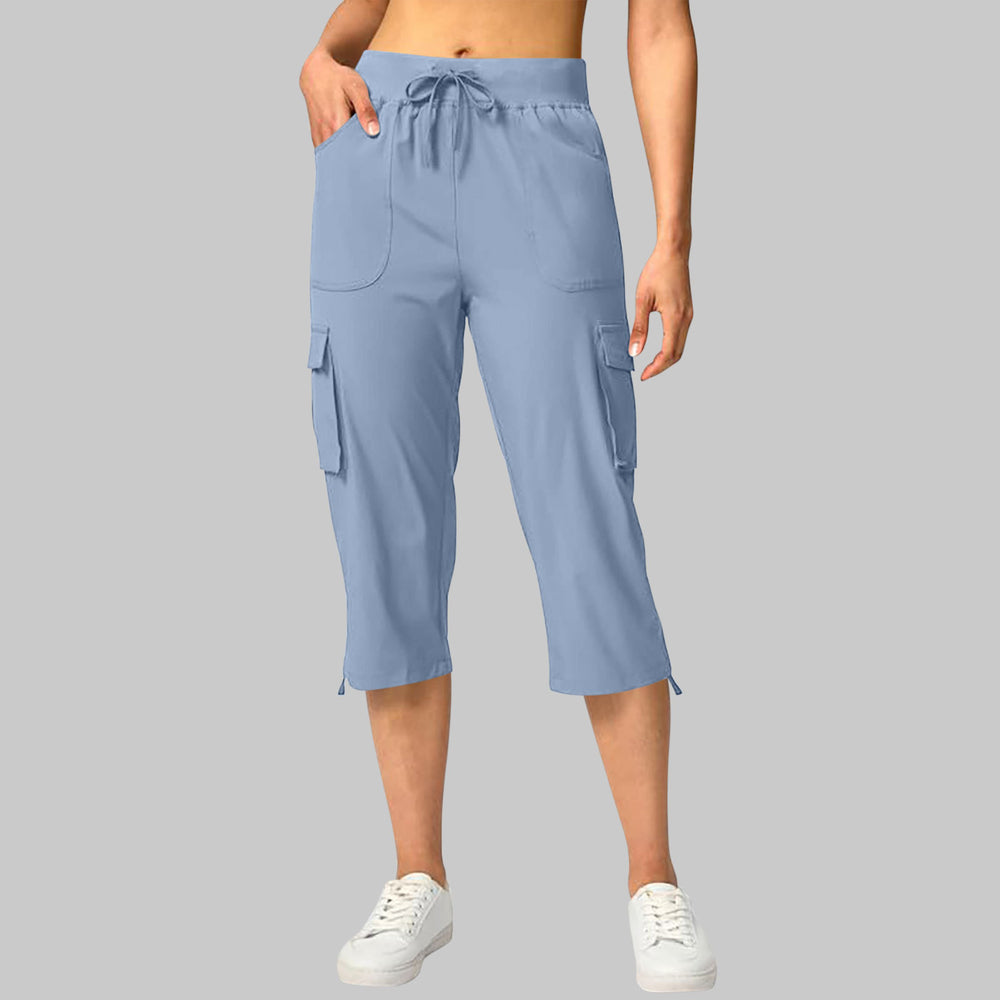 european and american cross-border summer new solid color women's elastic waist casual cargo capri pants with pockets