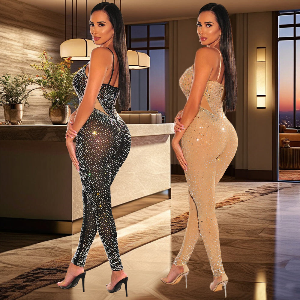 C7163 cross-border   fashion women's hot diamond sexy slimming arm bag strap jumpsuit