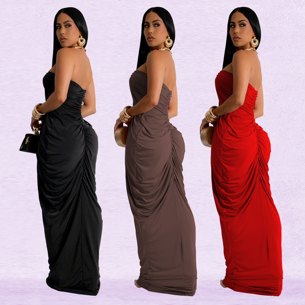 C7135 cross-border   fashion women's solid color sexy slim-fit v-neck dress - new arrival