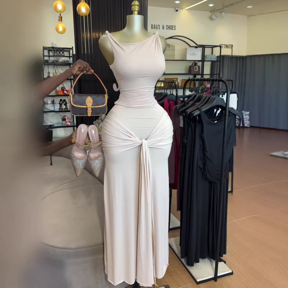 European and american cross-border women's fashion  summer new arrival: elegant asymmetrical neck slim-fit sleeveless top with tie-waist midi skirt set