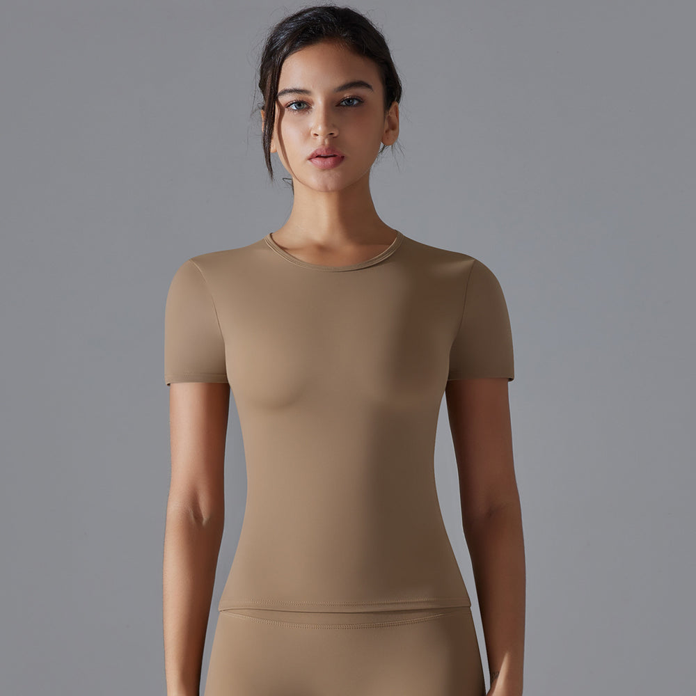 New solid color double-sided brushed high-stretch tight-fitting breathable yoga top - short sleeve activewear running fitness yoga t-shirt