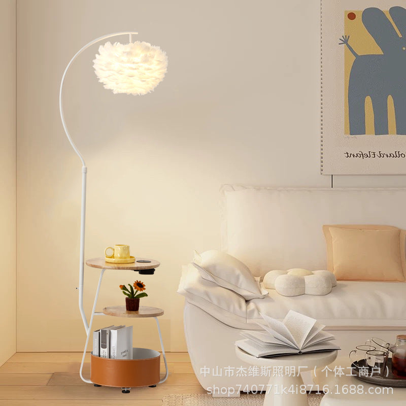 Cream style double layer storage fishing floor lamp gentle white feather lampshade living room sofa side lamp