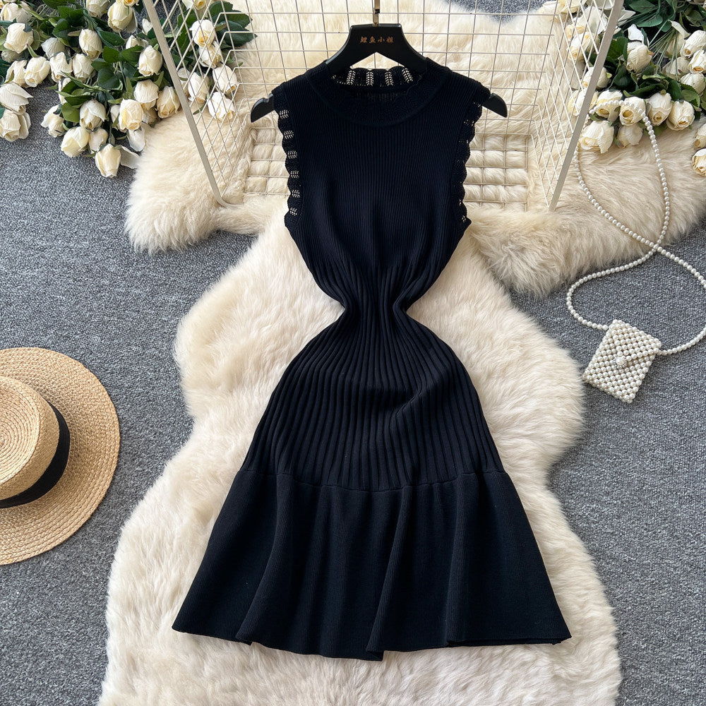 K-stylework clothing sleeveless pleatedknittingdress women's summercut out waist a-line skirt pinkelegant skirt summer