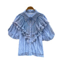 Palace style heavy industry beading lacepatchworkrufflesshirt women's summeraccessible luxury socialite age-reducing eleganttops