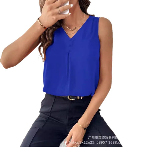 Europe and the United States  2024 independent station women's clothing solid color V-neck vest spring and summer elegant sleeveless top short