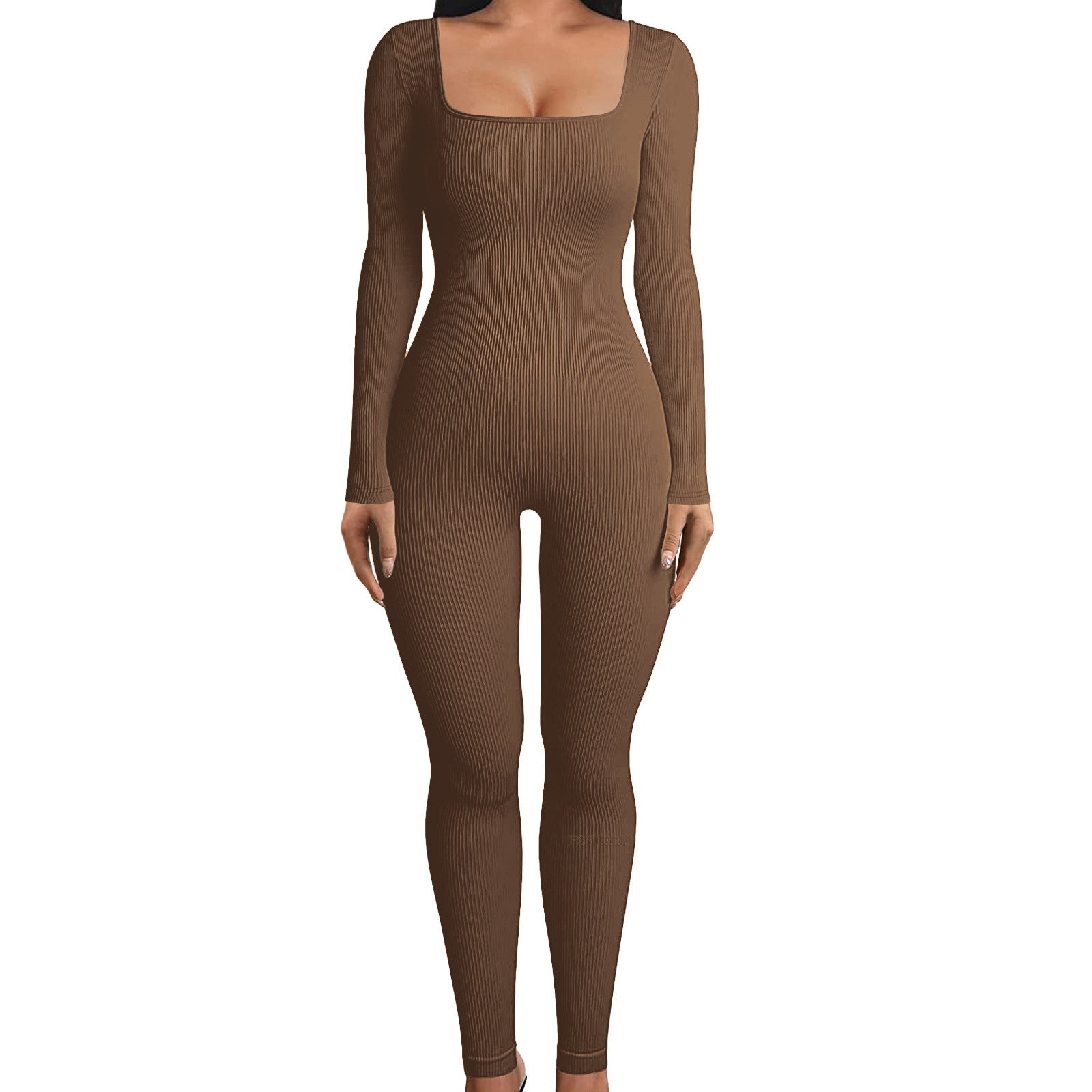 2024  women's clothing solid color long-sleeved vest onesie threaded square neck backless hip-lifting slim-fitting sports jumpsuit
