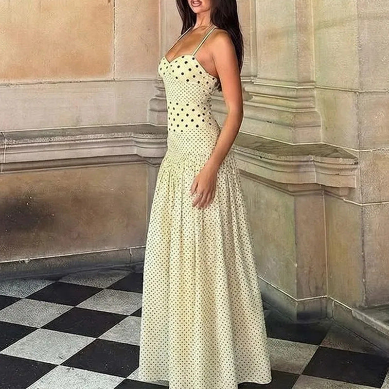 summer new women's fashion: cross-border european and american sexy halter polka dot ruched waist maxi dress