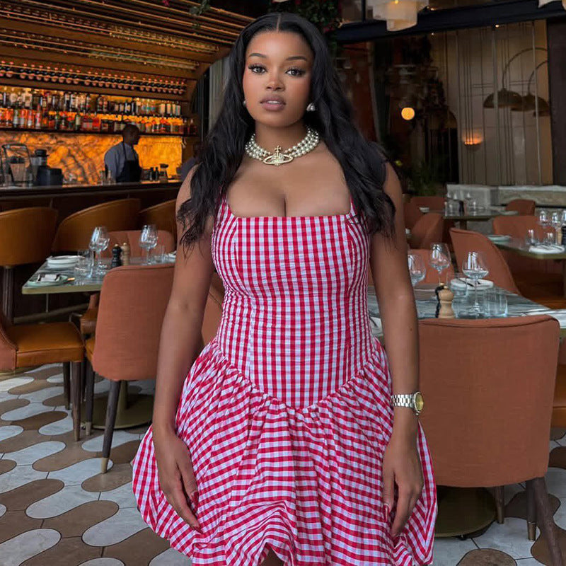 European and american style ins cross-border stripesprinting women's waist slimming look a-line skirt suspender tube topwork clothingsweetdress