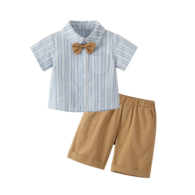 Boys' summer new arrivals: striped short-sleeve shirt and overalls set - baby's first birthday outfit, two-piece set