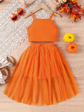 european and american style cross-border girls' printed camisole top + mesh skirt set (includes big kids' sizes)