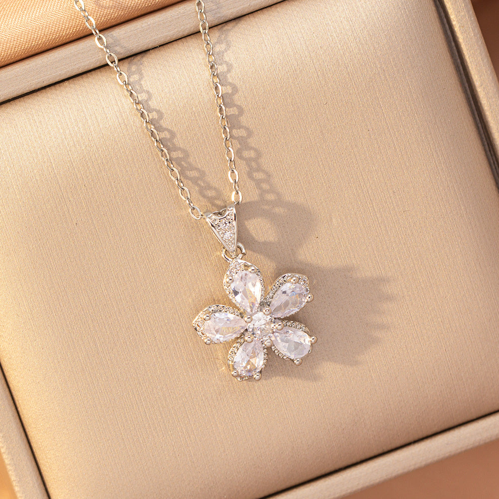 [set] cross-border popular copper-inlaid zirconium flower necklace, women's earrings, light luxury elegant stainless steel sweater chain jewelry
