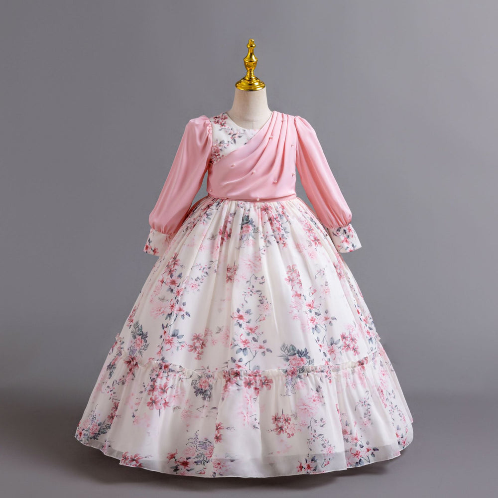 New in stock girls floral evening dress chiffon long sleeves princess dress model catwalk dressgirl dress