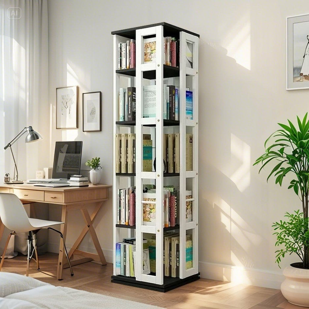 Rotating student bookshelf bookcase, mobile multi-tier kids storage floor rack, simple organizer, multifunctional living room shelf