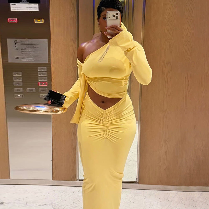 Fashion styleexportpure colorsilm women's exposed navel wrap chest skirt suit oblique collar one shoulder asymmetrical long sleevestwo-piece set
