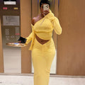 Fashion styleexportpure colorsilm women's exposed navel wrap chest skirt suit oblique collar one shoulder asymmetrical long sleevestwo-piece set