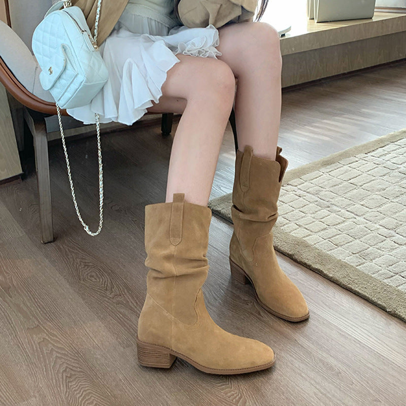Grape mom~height increasing boots for women 2025 autumn winter v mouth slimming look maillard thick heel knee socks boots for women