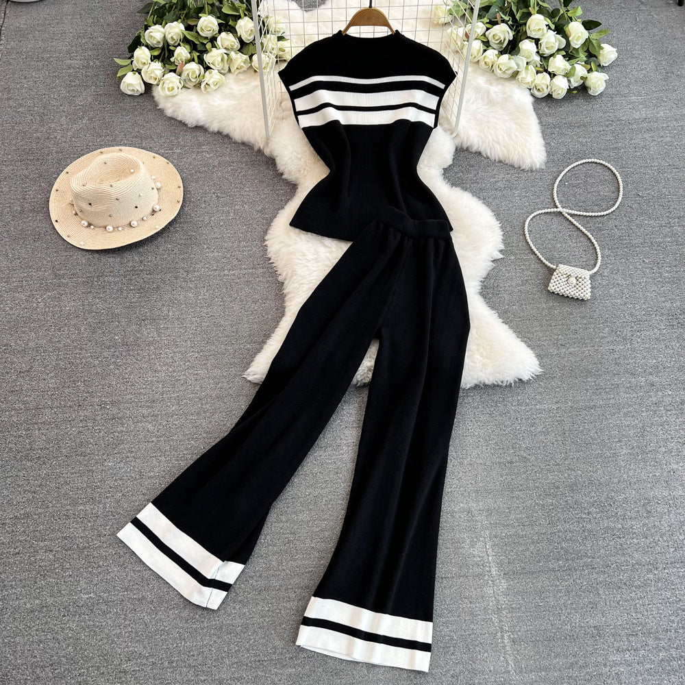 Fashionsuitfemalek-style sleevelesssilmknittingtopstwo-piece setcasualhigh waistslimming lookstraight-legloose pants