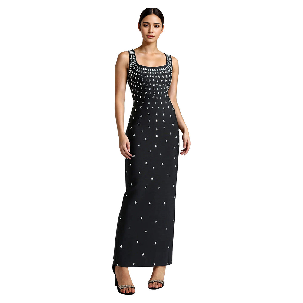 C7117 cross-border   fashion women's hotfix rhinestone u-neck sleeveless bodycon mini dress