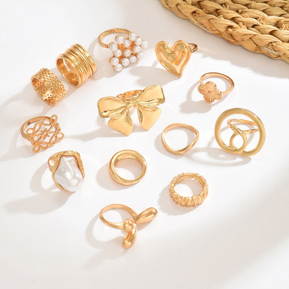 Women's ring set wholesale - european & american cross-border faux pearl jewelry - vintage, light luxury, high-end heart & bowknot finger rings