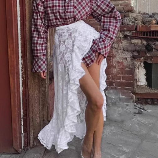 French Elegant White Lace Dress Children's 2025 Summer Design Asymmetrical Wrap Skirt Women's Clothing
