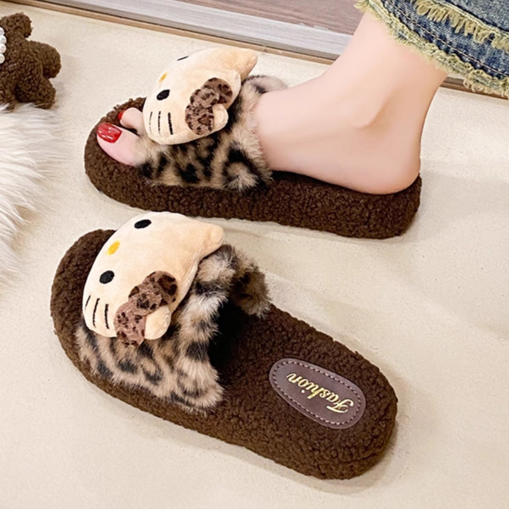 Cute leopard print hello kitty fuzzy slippers for women - new winter thick-soled design, stylish outdoor wear, warm and cozy one-strap cotton slippers