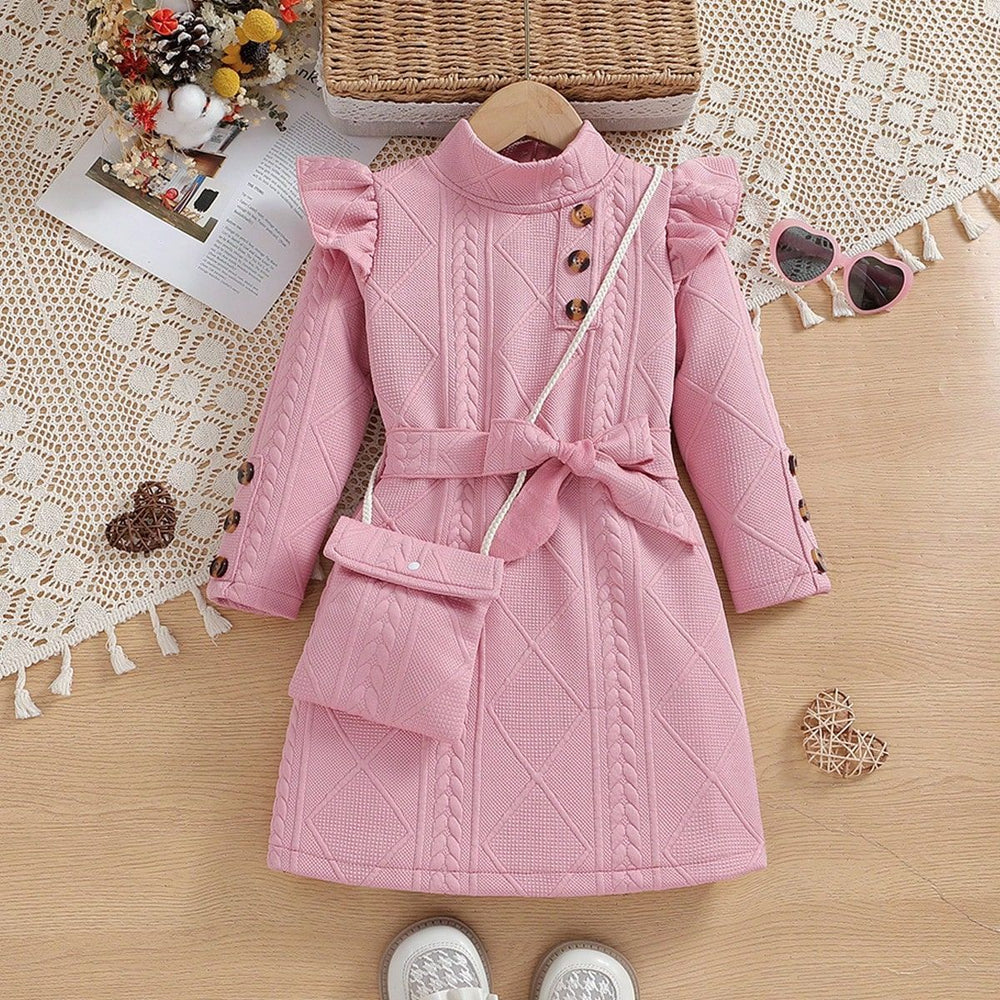 European and american autumn/winter style ins-inspired girls' textured crinkle striped flutter sleeve princess dress with matching bag - cross-border exclusive