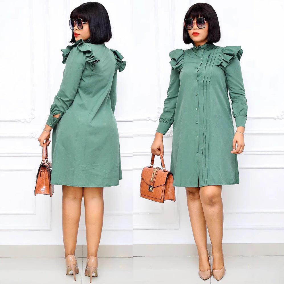 Aliexpress   plus size african women's clothing ruffle stand collar shirt dress