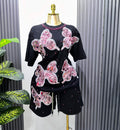 Fashionsuit european goods sense of design butterfly diamond short-sleeved t-shirt tops women + elastic waist wide-leg shorts two-piece set