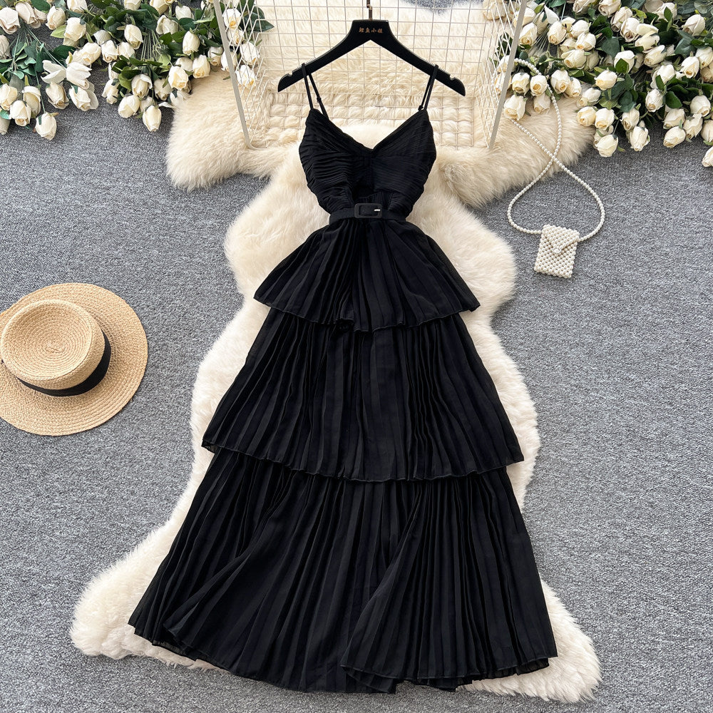 Red suspender layered pleated dress women's summer french holiday style waist ruffles cake skirt slimming look long skirt